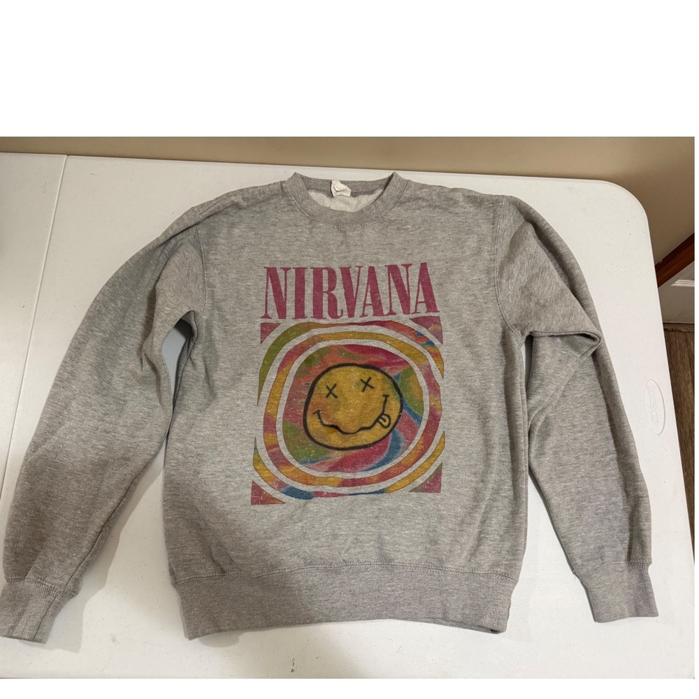 Nirvana Smiley Face Graphic Sweatshirt Heather Gray Crewneck CR280 M